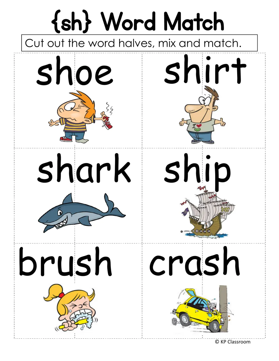 SH word match activity with six illustrated words to cut apart and match: shoe, shirt, shark, ship, brush, and crash