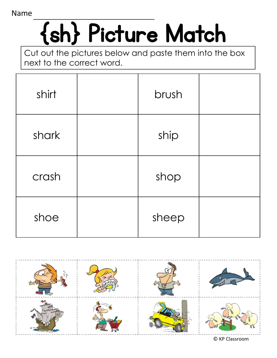 SH picture match: cut and paste pictures for shirt, shark, crash, shoe, brush, ship, shop, and sheep beside the words