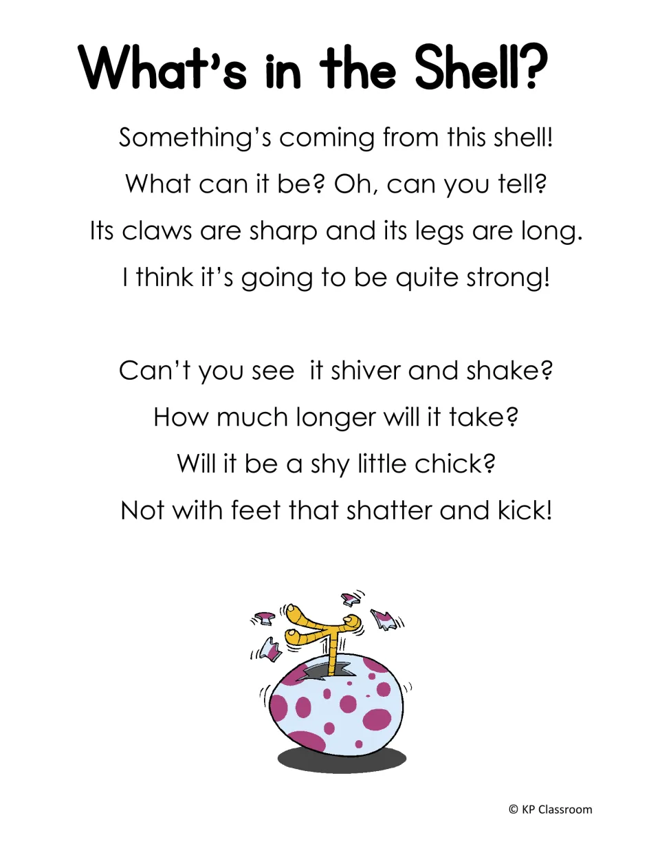 Poem titled What's in the Shell? describes a creature hatching, using SH words including sharp, shiver, and shake