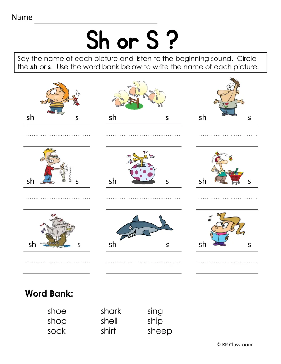 SH or S beginning-sound practice: name nine pictures, circle sh or s, and write each name using the word bank