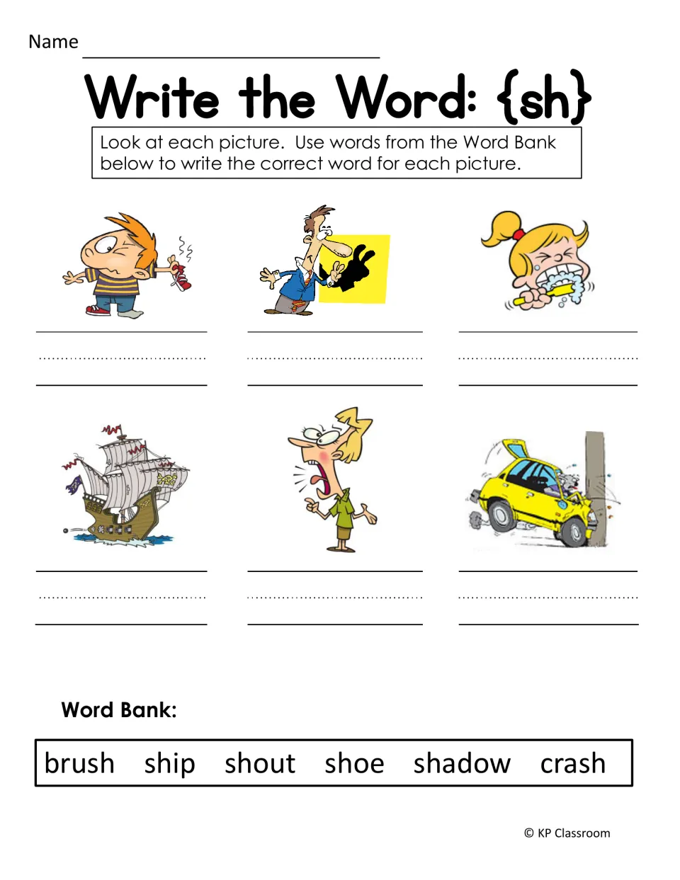 SH picture-labeling practice using a word bank to write shoe, shadow, brush, ship, shout, and crash under pictures