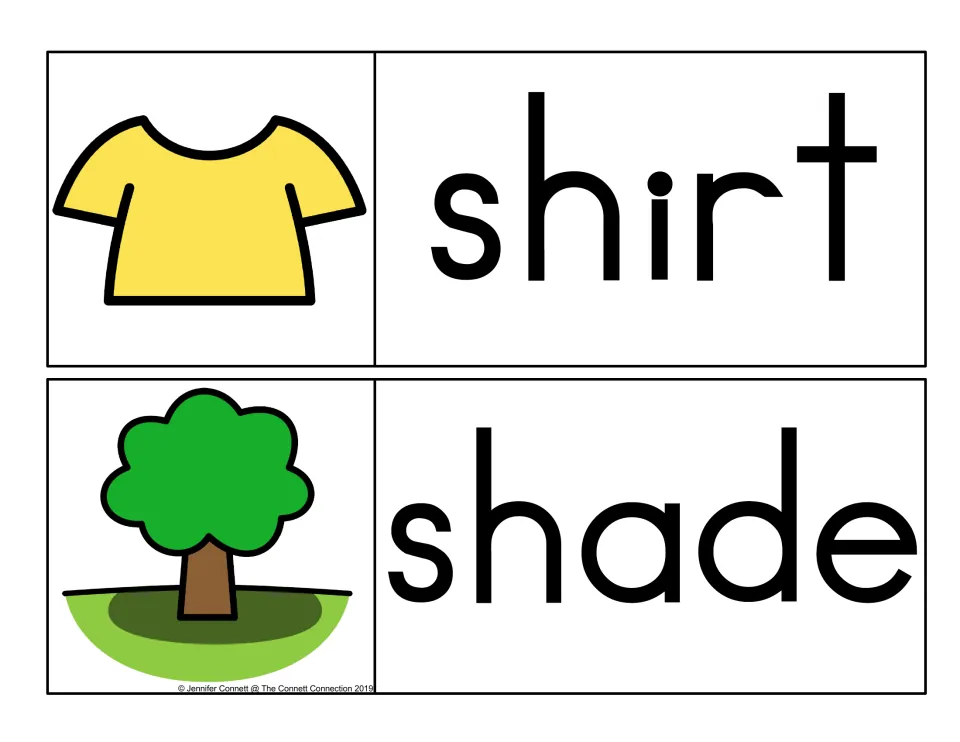 Initial sh digraph cards: the word shirt beside a yellow T-shirt and the word shade beside a tree shading green grass