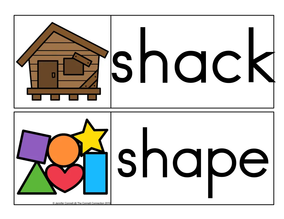 Beginning sh word cards: shack shown with a wooden cabin on stilts, shape shown with a square, star, heart and triangle