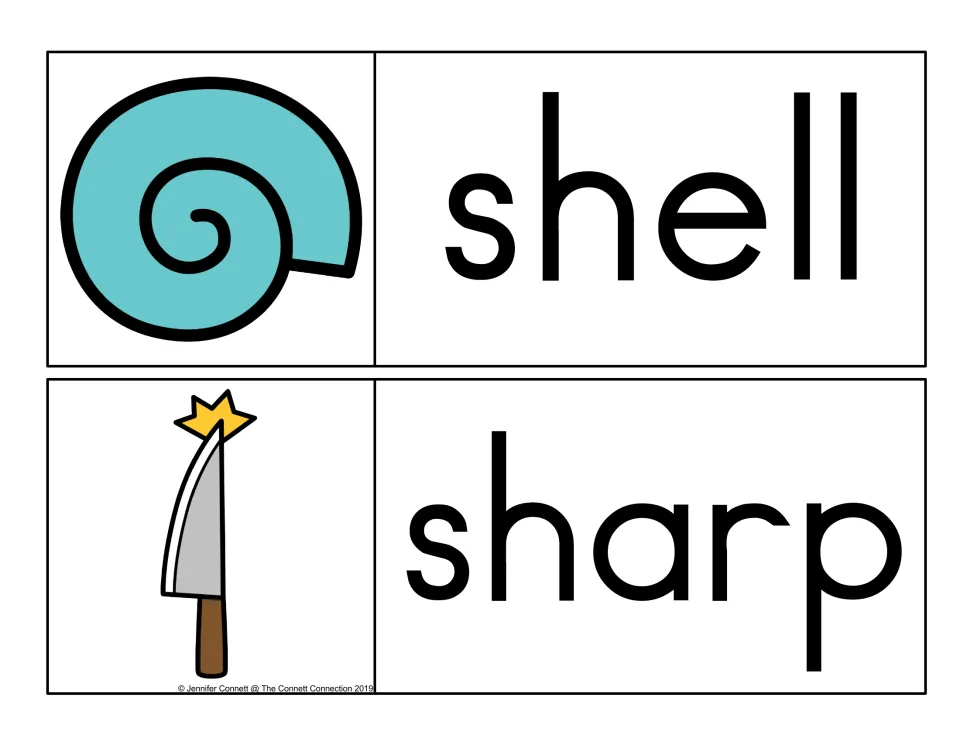 Sh sound picture-word cards: shell paired with a blue spiral seashell, sharp paired with a kitchen knife and a sparkle