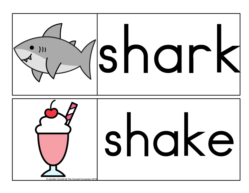 Sh digraph vocabulary cards: shark with a smiling gray shark, shake with a pink milkshake topped with a cherry and straw