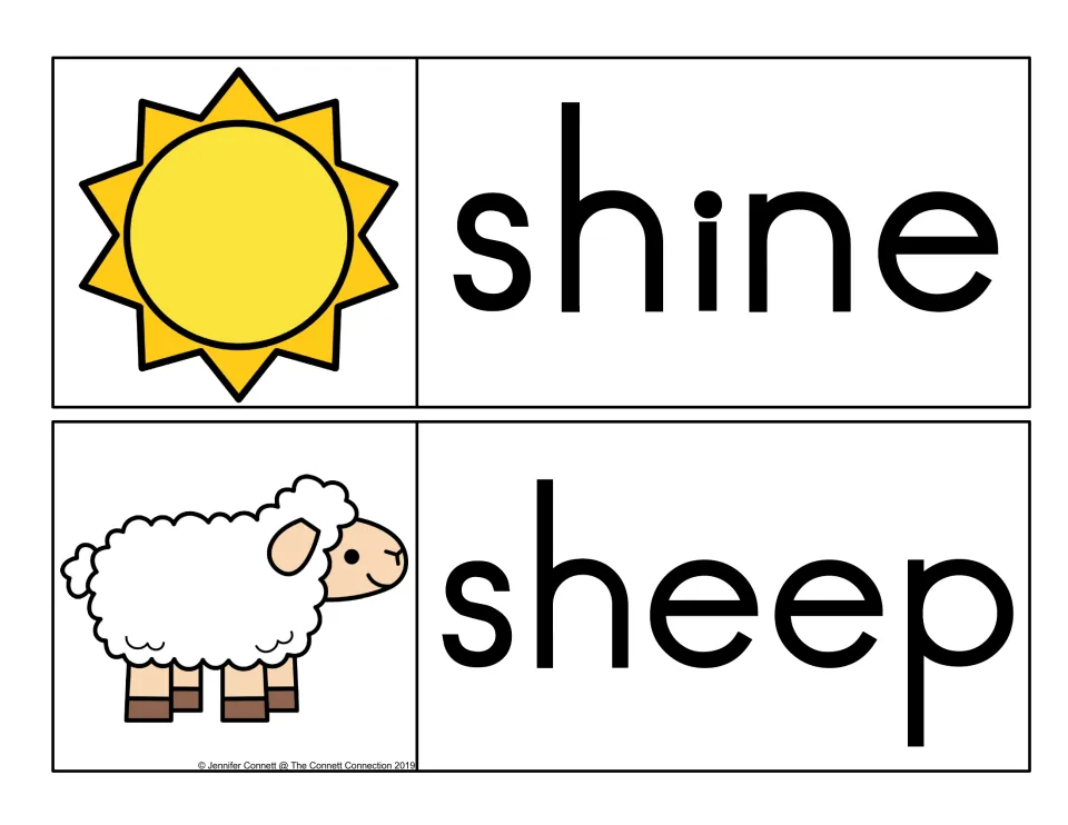 Two sh word cards for decoding: shine illustrated with a yellow sun, and sheep illustrated with a woolly white sheep