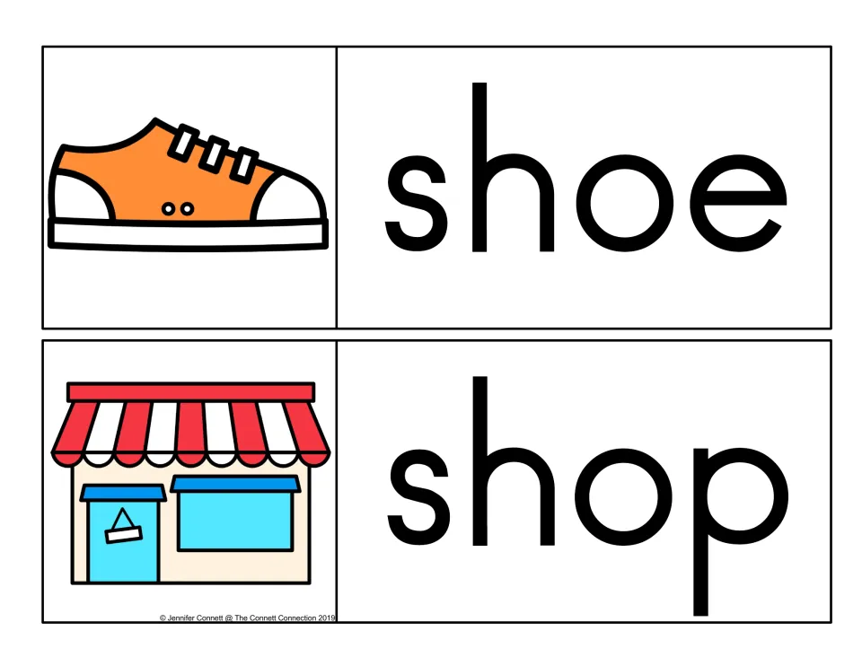 Short sh words with pictures: shoe beside an orange lace-up sneaker, shop beside a storefront with a red striped awning