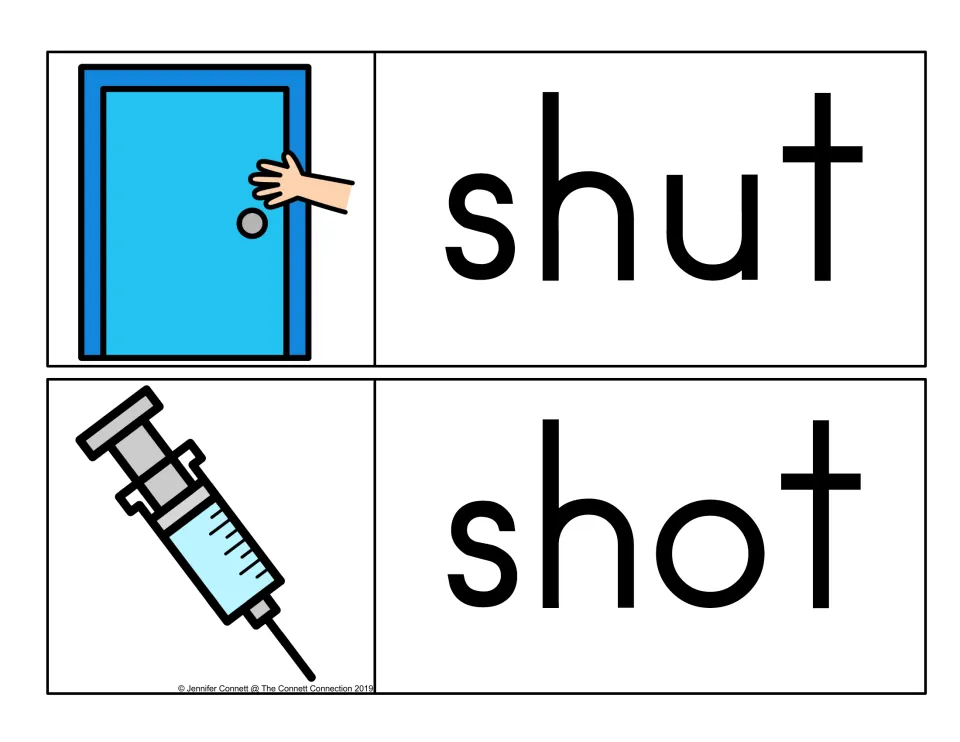 Short-vowel sh cards: shut pictured as a hand closing a blue door, and shot pictured as a medical syringe