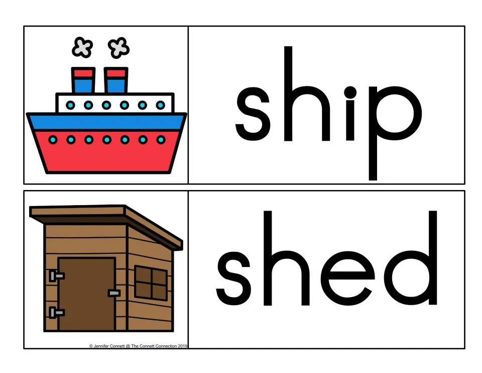 Sh blending cards: ship shown as a red and blue steamship with two smokestacks, shed shown as a brown wooden garden shed