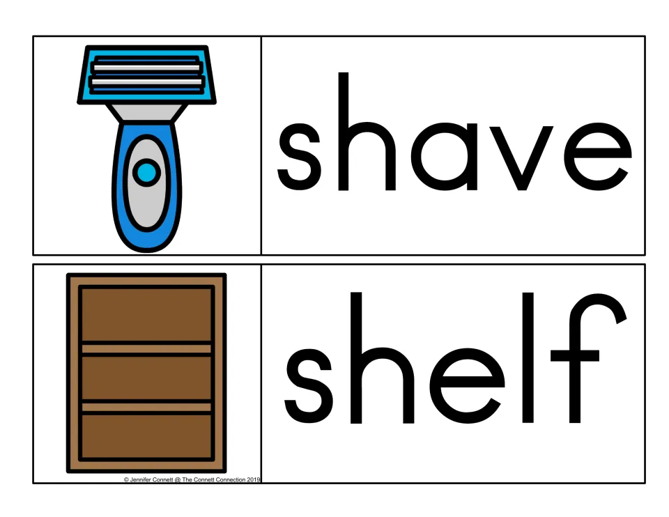 Words starting with sh: shave beside a blue handheld razor and shelf beside a brown wooden bookcase with three shelves