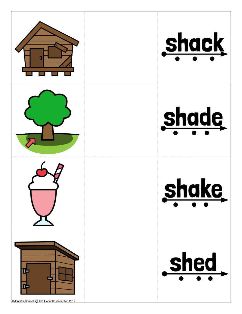 SH blending cards for shack, shade, shake and shed: each word has sound dots under an arrow, with its picture to reveal