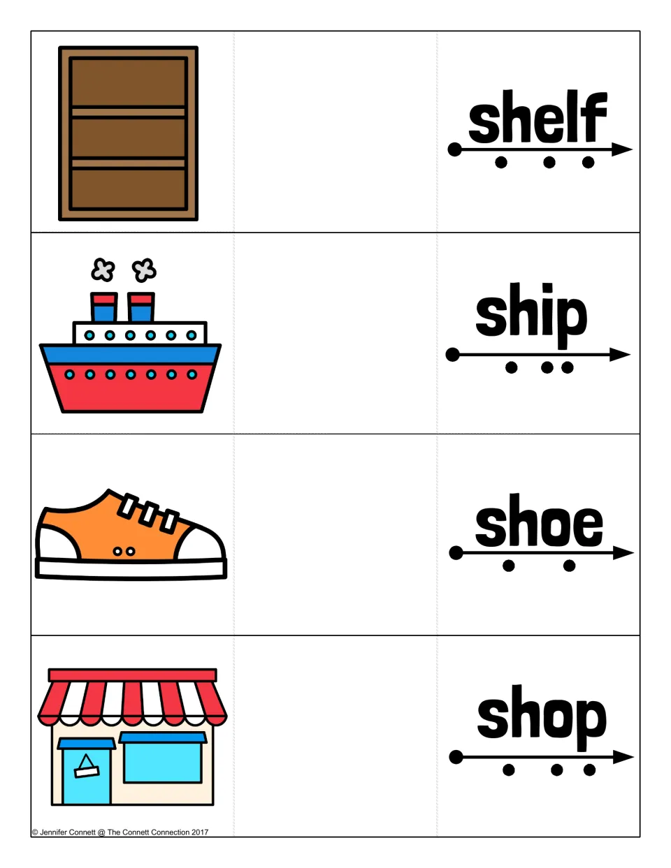 Initial sh words shelf, ship, shoe and shop: students tap each sound dot to blend the word, then unfold to see the picture