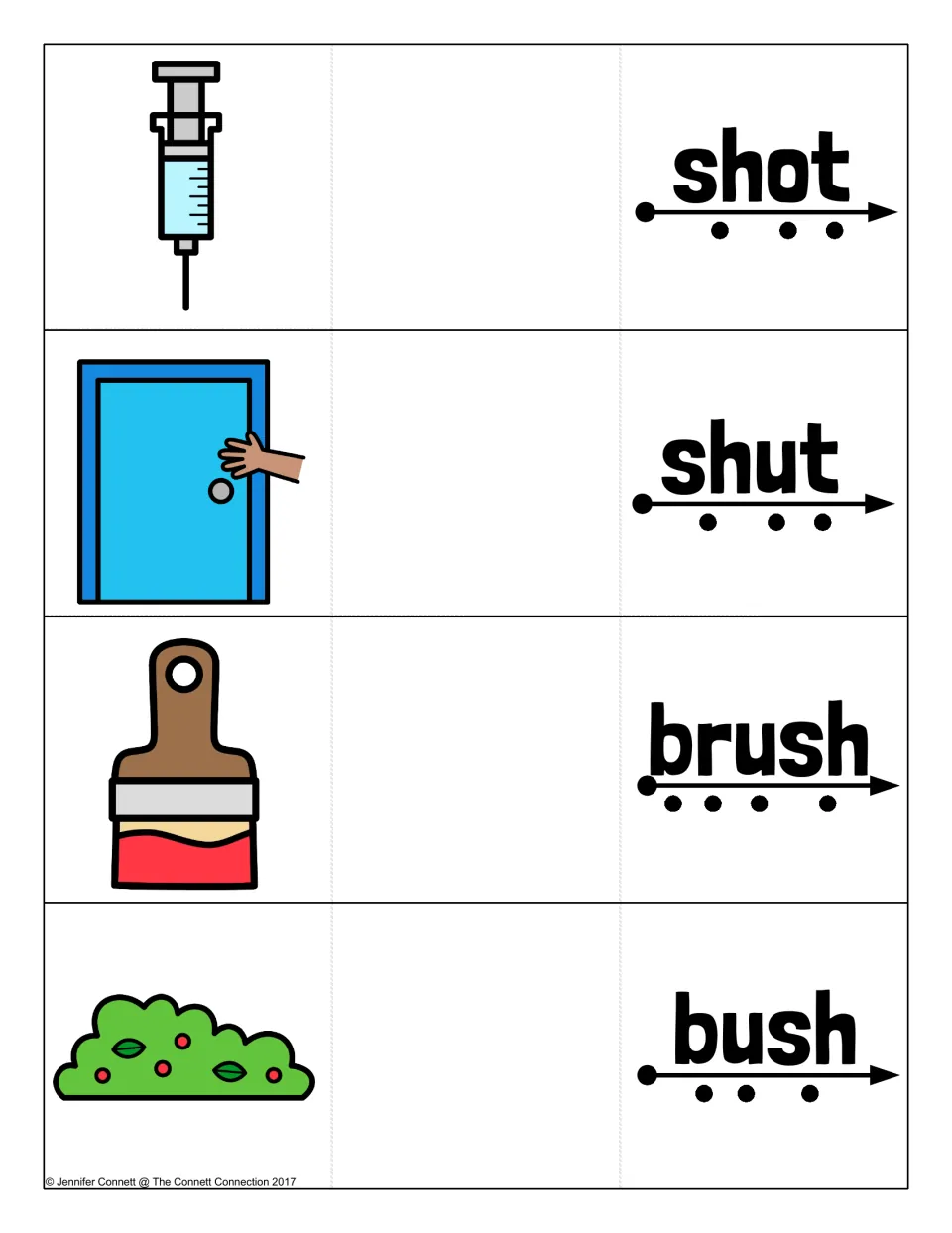 Digraph sh cards for shot, shut, brush and bush, mixing beginning and ending sh, each word with dots for blending sounds