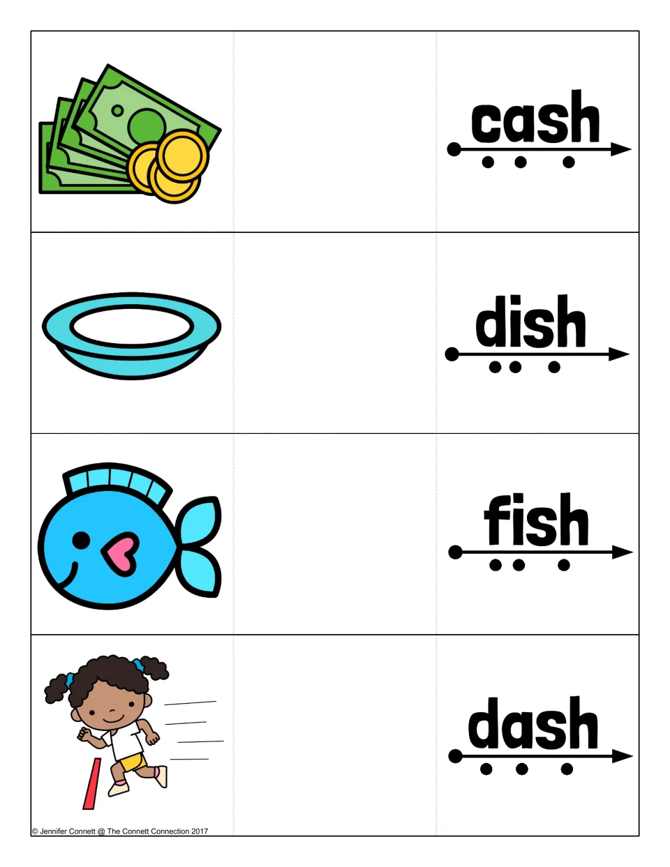 Ending sh words cash, dish, fish and dash: students sound out each word along the arrow, then open it to see the picture