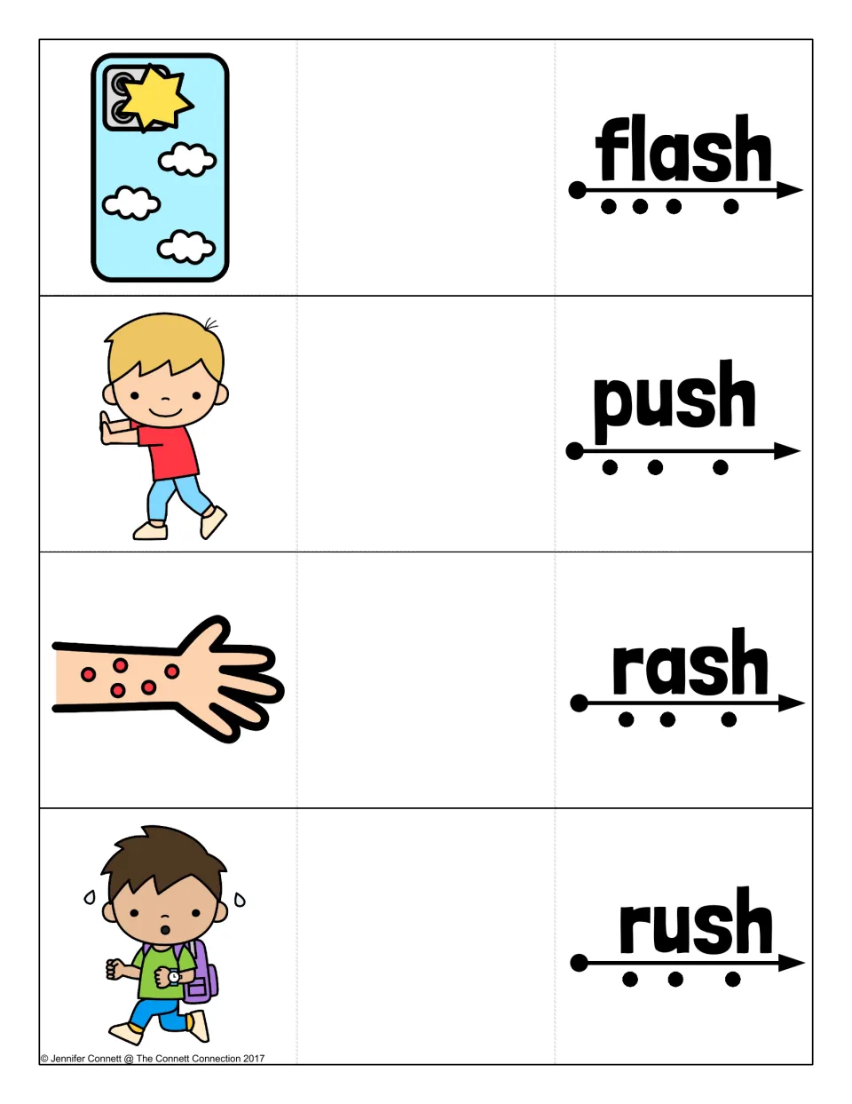 Final sh blending cards for flash, push, rash and rush, including a four-sound blend in flash, each with a reveal picture
