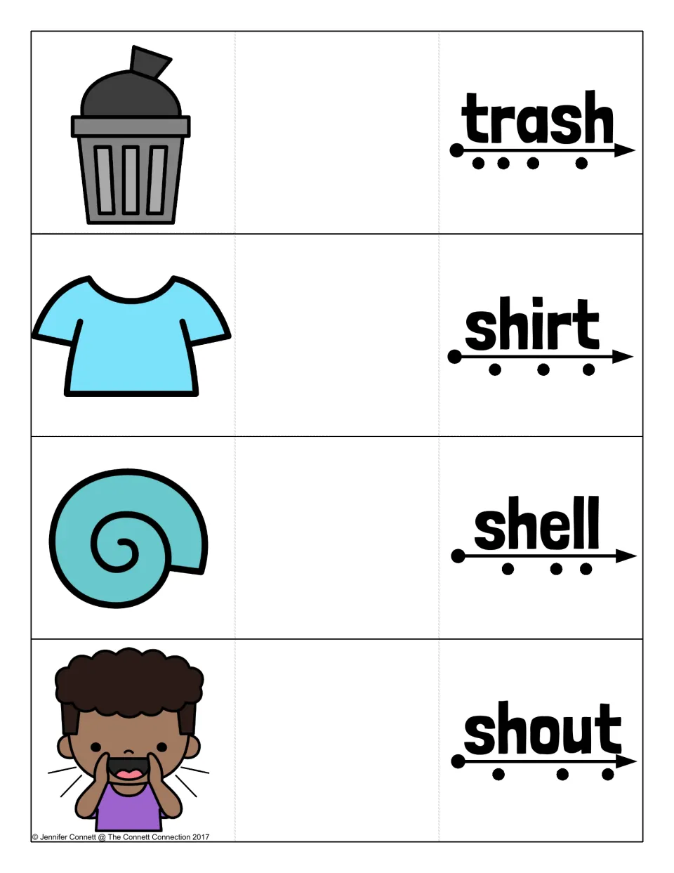 Sh word cards for trash, shirt, shell and shout: students blend each word by its sound dots, then check the hidden picture