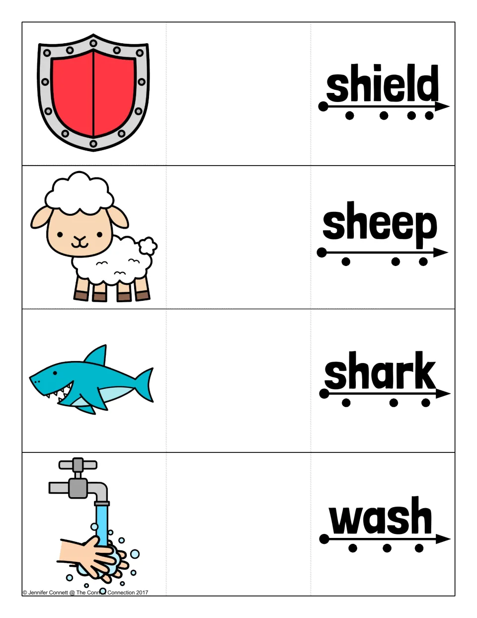 Last sh card set: shield, sheep, shark and wash, each word with a dot per sound for blending and a picture under the fold