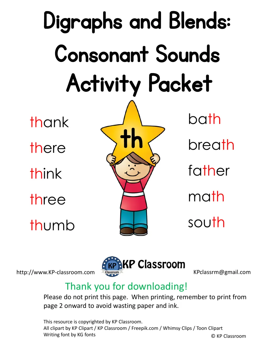 Digraphs and Blends: Consonant Sounds Activity Packet cover with th words such as thank, think, bath, father and south