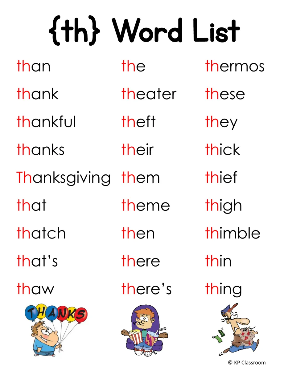 th word list of 27 words that begin with th, from than, thank and Thanksgiving to thief, thimble, thin and thing