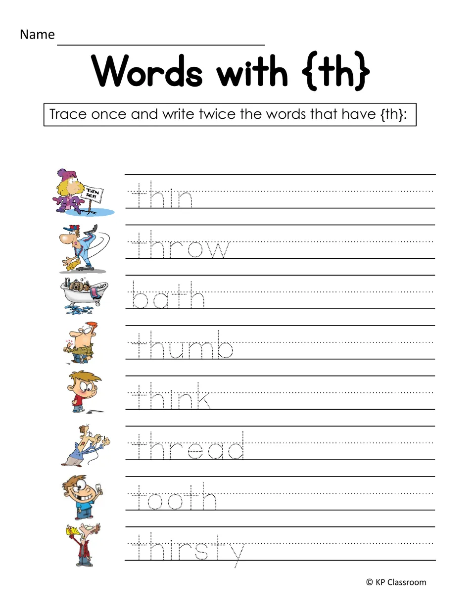 Words with th: students trace once and write twice eight th words, including thin, throw, bath, thumb and thread
