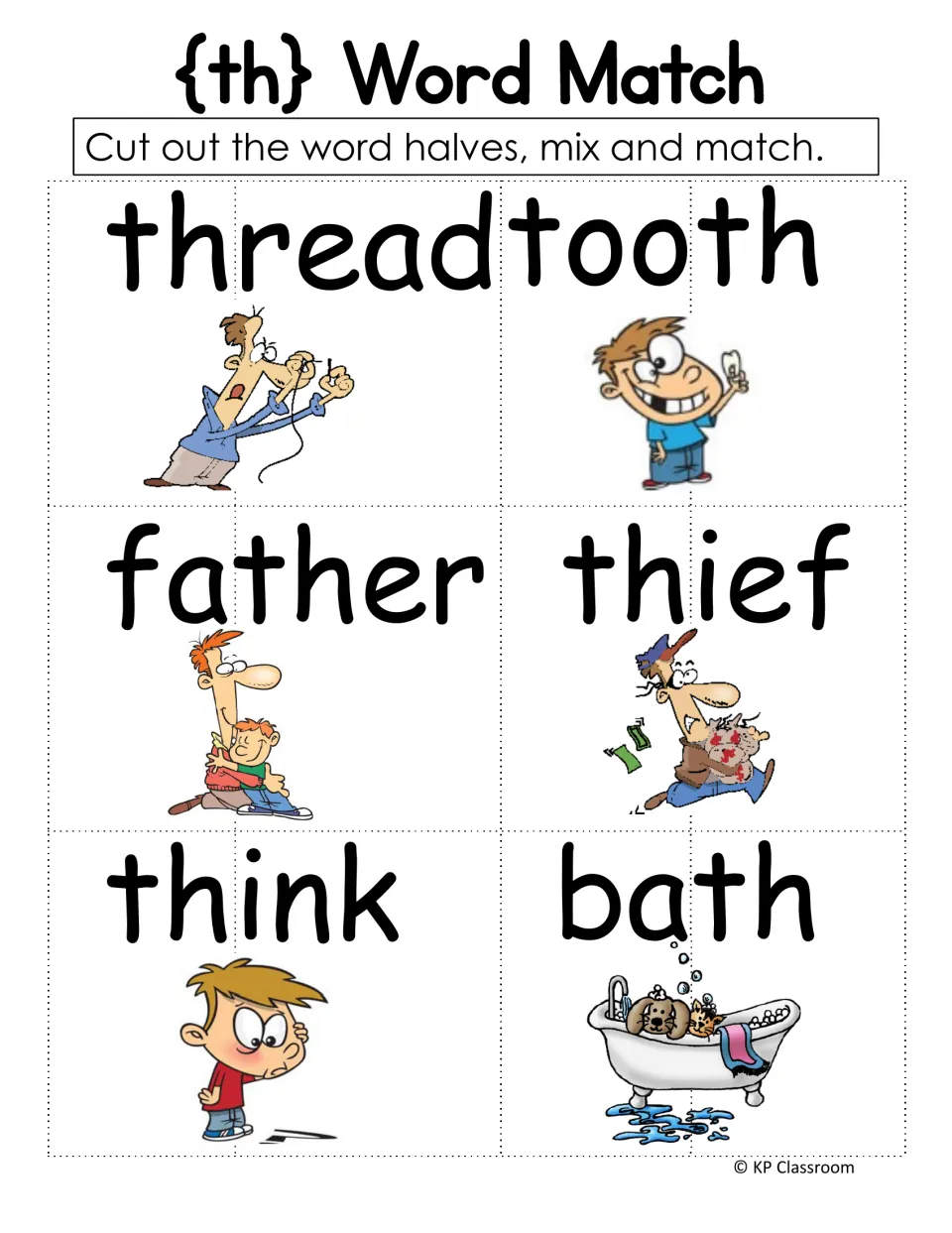 th word match: students cut six picture cards for thread, tooth, father, thief, think and bath into halves to rejoin