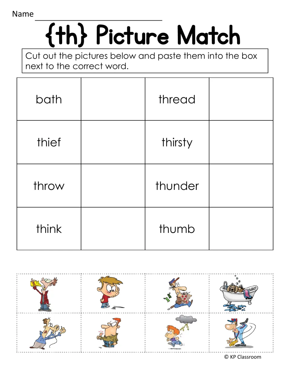 th picture match: students cut out eight pictures and paste each by its word, such as bath, thief, thunder and thumb