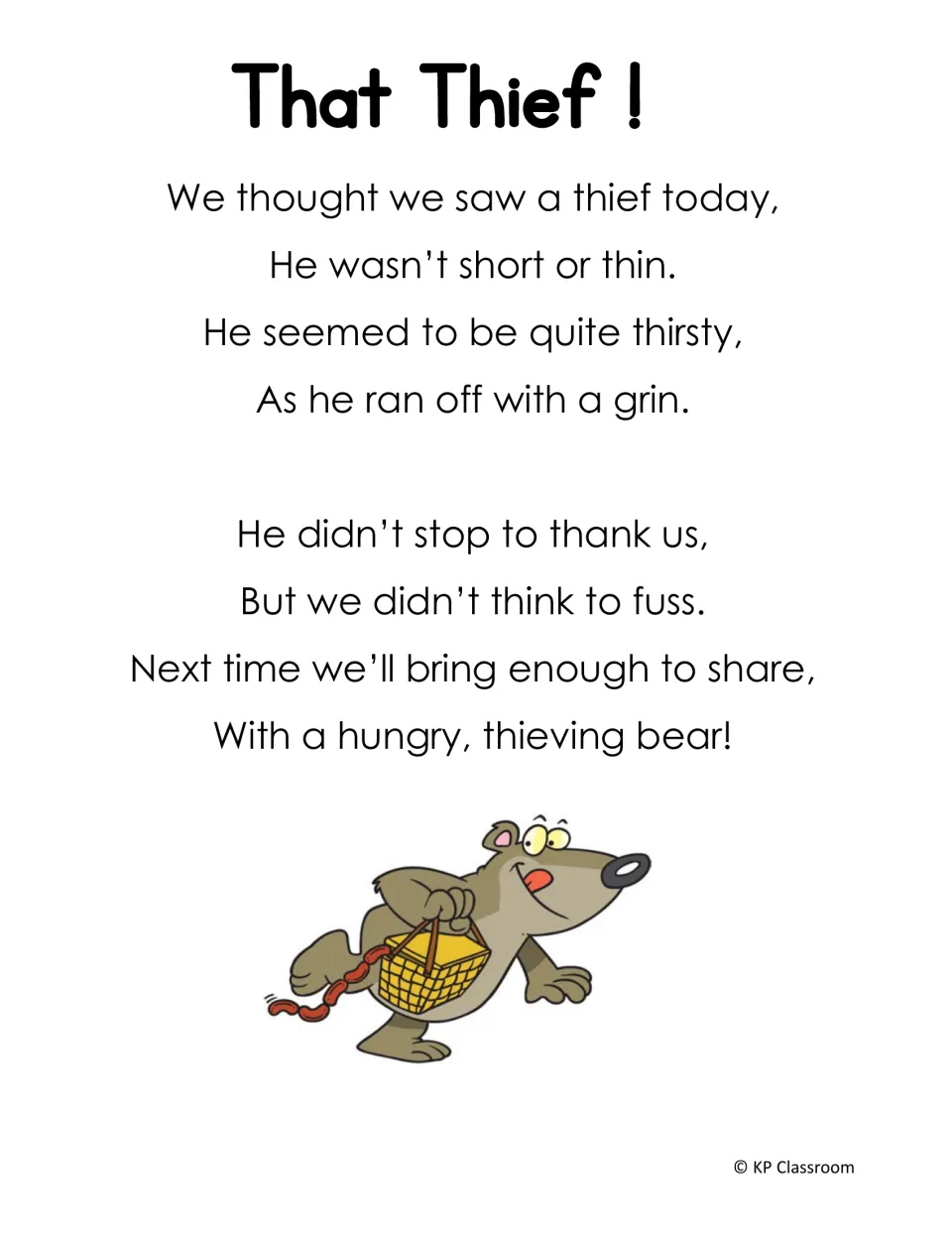That Thief! poem with th words thought, thin, thirsty, thank and think, about a thieving bear carrying a picnic basket