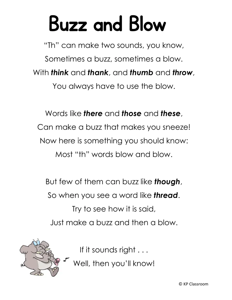 Buzz and Blow poem on the two th sounds: blow in think, thank and thumb, buzz in there, those and these