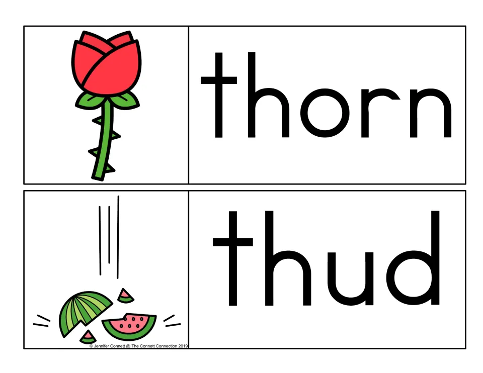 Initial th word cards: thorn, shown as a thorny red rose, and thud, shown as a watermelon splitting as it hits the ground