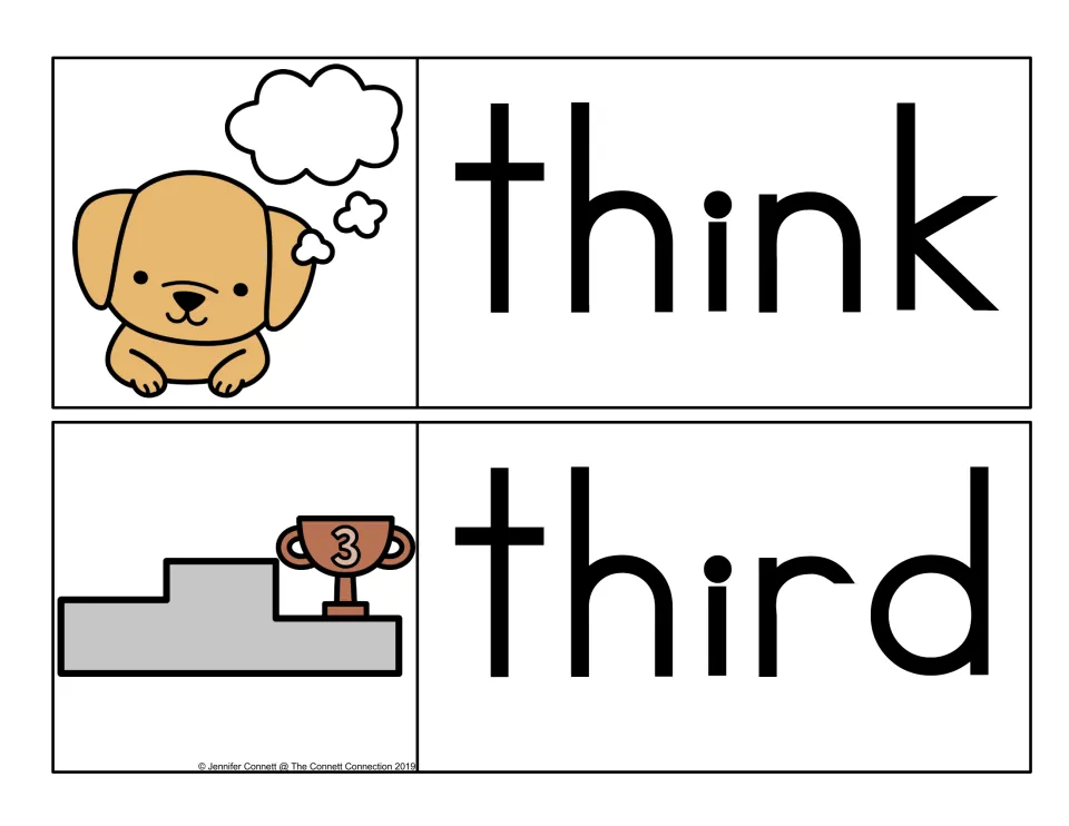 Initial th word cards: think, a puppy with a thought bubble, and third, a bronze number 3 trophy on a winners' podium