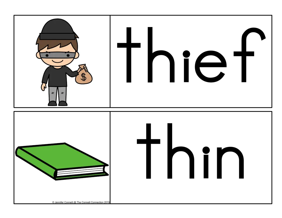 Initial th word cards: thief, a masked robber holding a money bag, and thin, pictured as a slim green book
