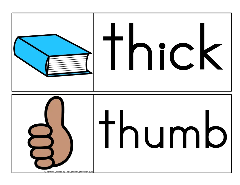 Initial th word cards: thick, pictured as a fat blue book, and thumb, shown as a hand giving a thumbs-up