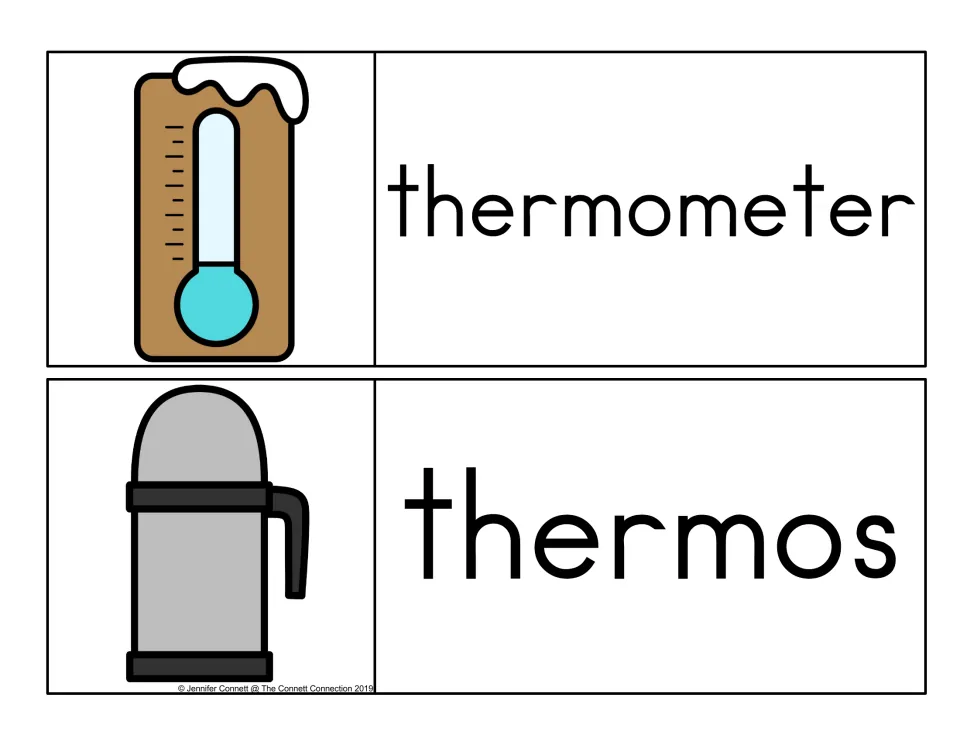 Initial th word cards: thermometer, shown snow-capped on a wooden board, and thermos, pictured as a gray drink flask