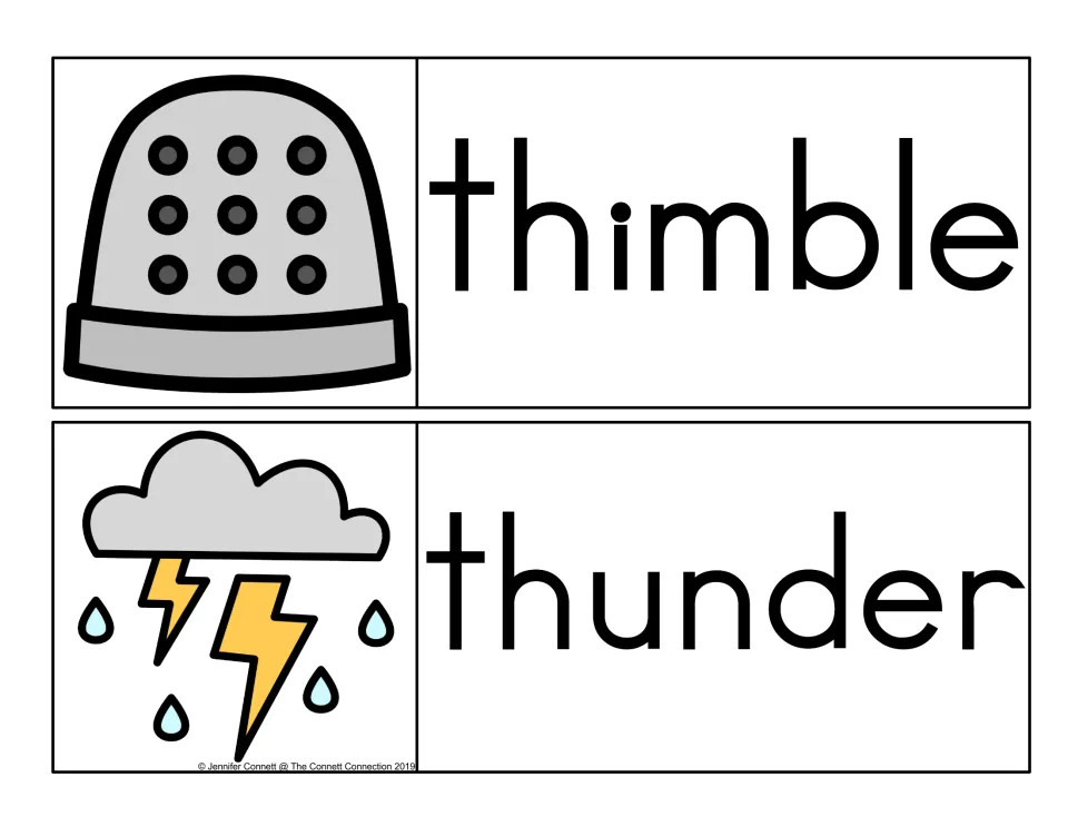 Initial th word cards: thimble, a gray dotted sewing thimble, and thunder, a storm cloud with lightning and rain