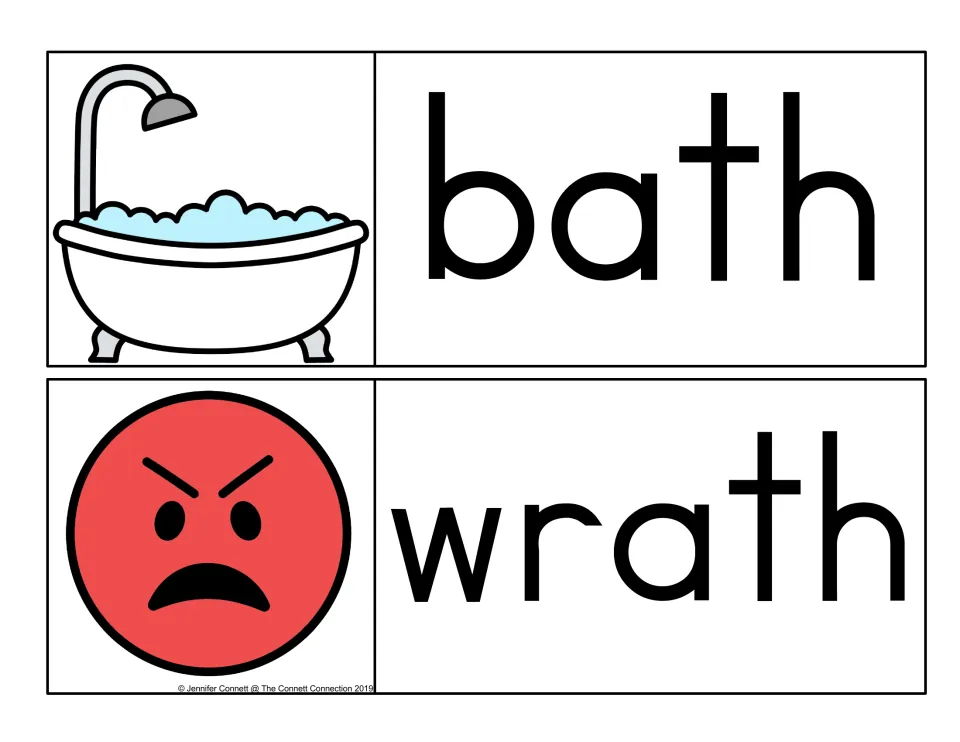 Final th word cards: bath, a bathtub filled with bubbles under a shower, and wrath, pictured as an angry red face