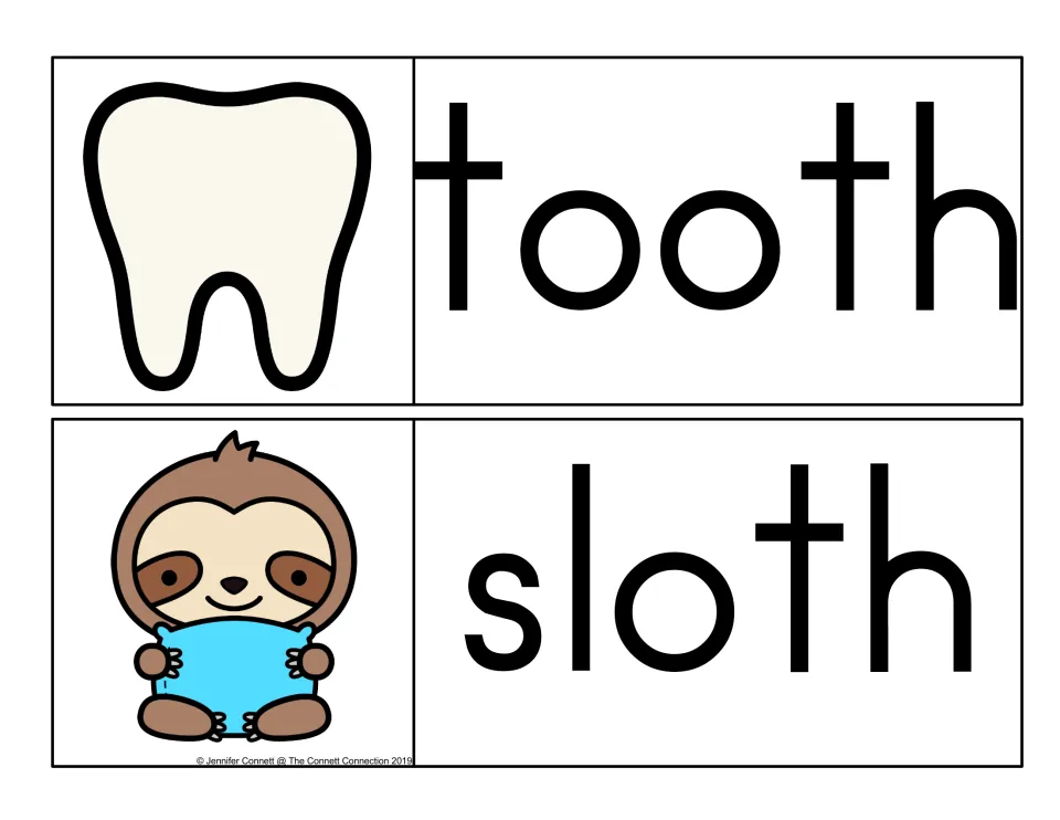 Final th word cards: tooth, a single white molar, and sloth, a smiling sloth hugging a blue pillow