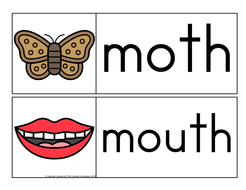 Final th word cards: moth, a brown spotted moth, and mouth, pictured as smiling red lips showing teeth