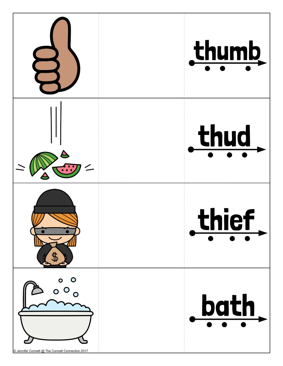 Digraph th cards for thumb, thud, thief and bath; students sound out each word along the arrow, then reveal its image