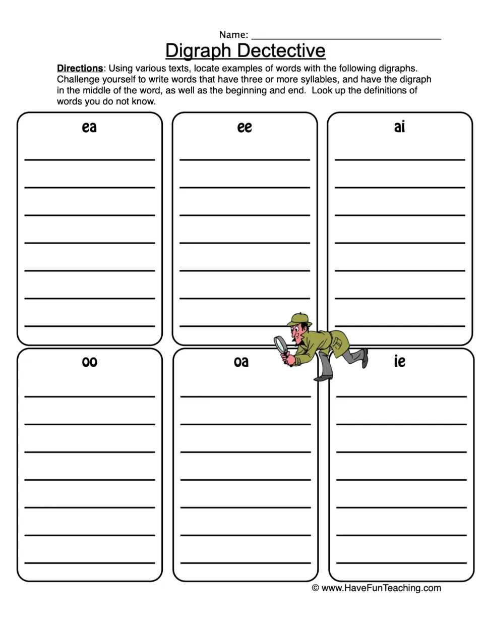 Vowel digraph hunt: students find words with ea, ee, ai, oo, oa and ie in texts, aiming for words of 3+ syllables
