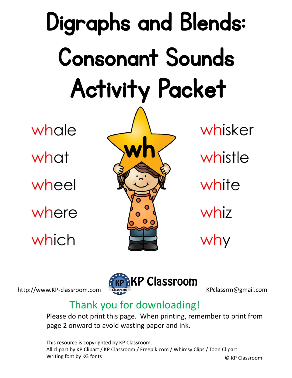 WH consonant sounds packet cover featuring whale, what, wheel, where, which, and five more WH words