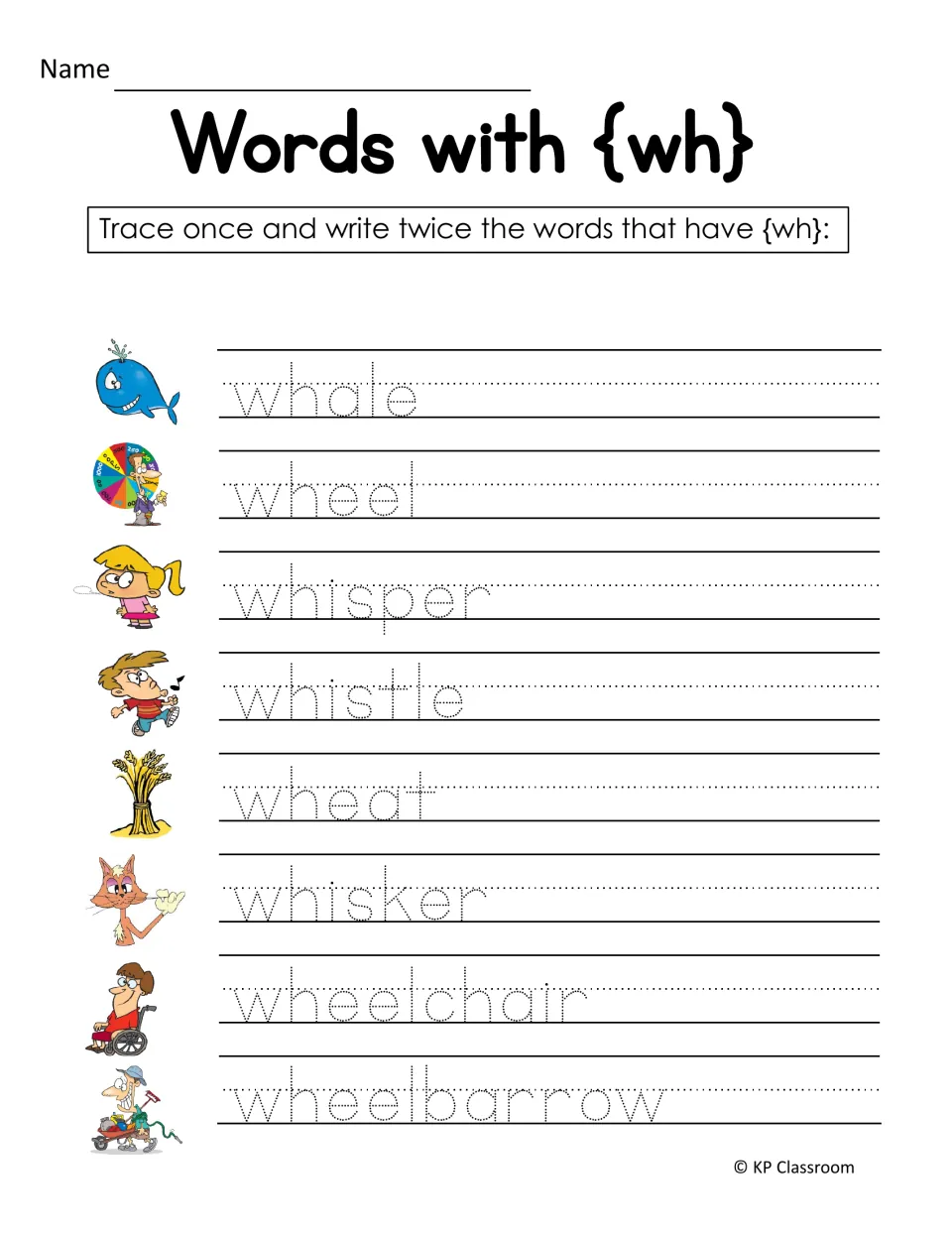 WH handwriting practice asks students to trace once and write twice: whale, wheel, whisper, and five more