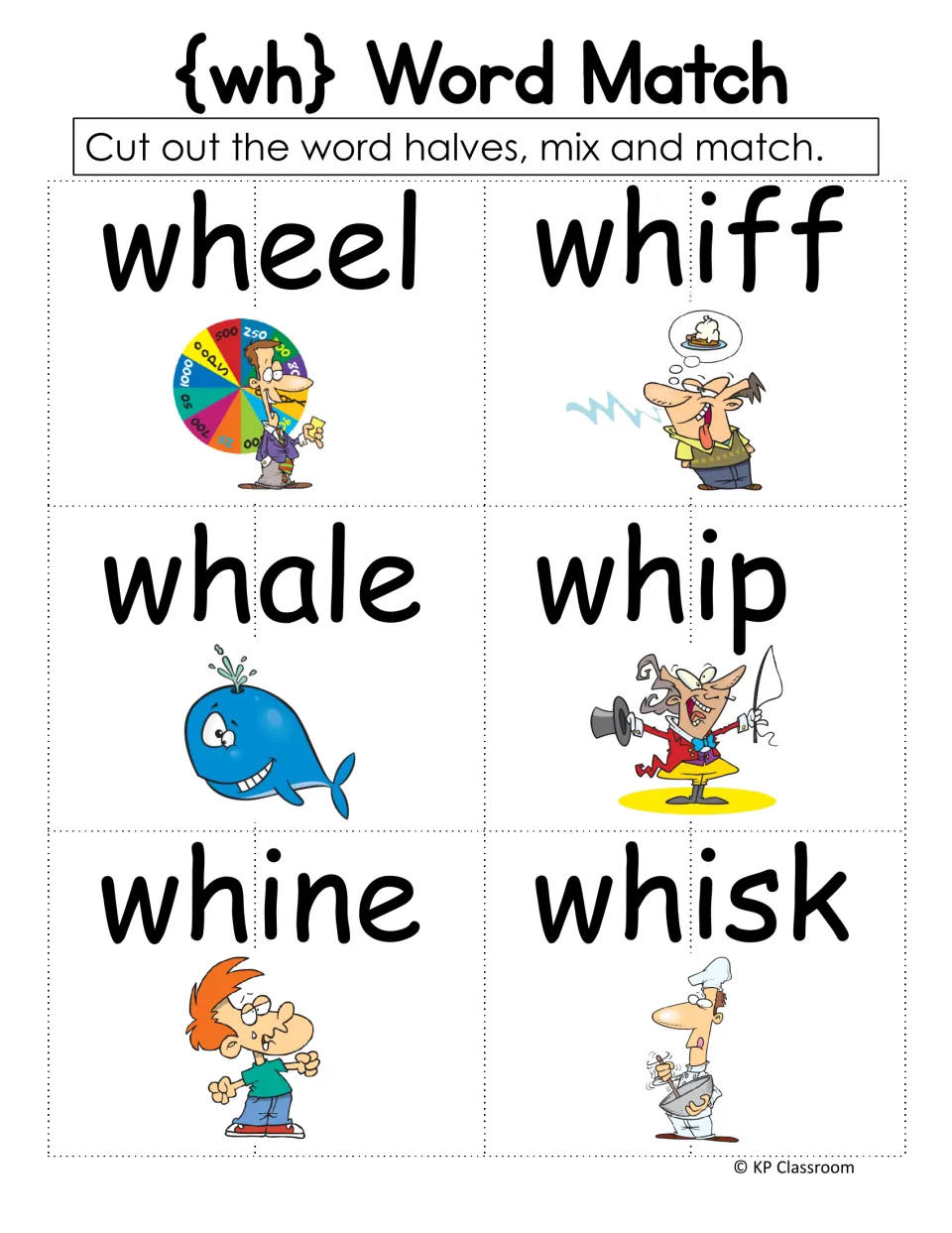 WH word match provides six illustrated words to cut apart and rebuild: wheel, whiff, whale, whip, whine, whisk