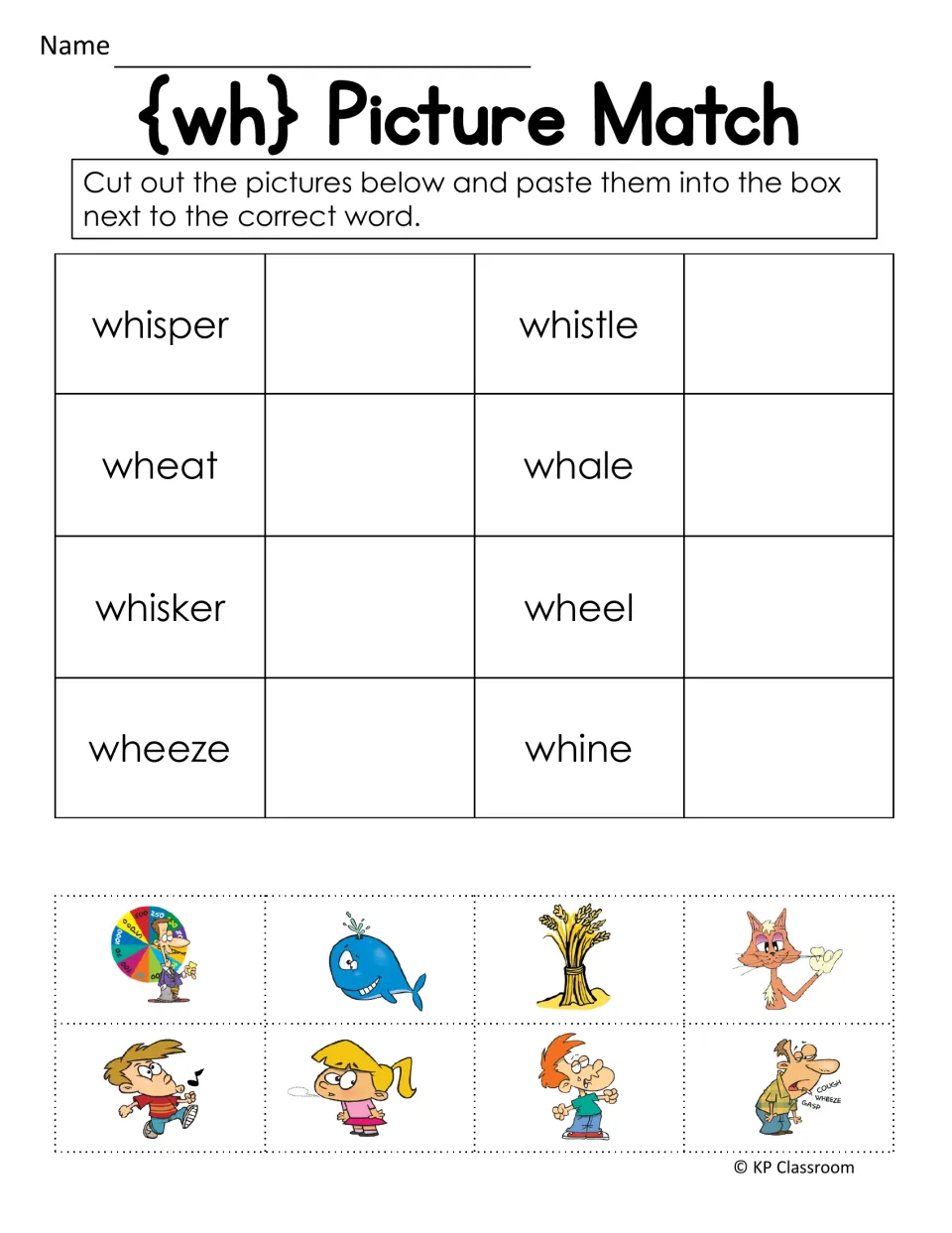 WH picture match asks students to cut and paste pictures for whisper, whistle, wheat, whale, and four more