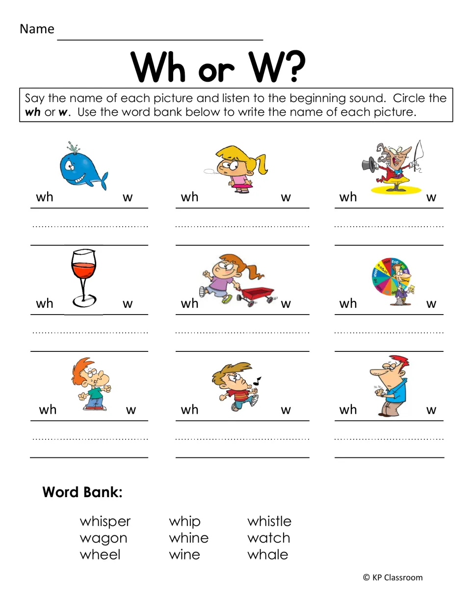 WH or W practice asks students to circle the beginning spelling and write nine picture names using a word bank