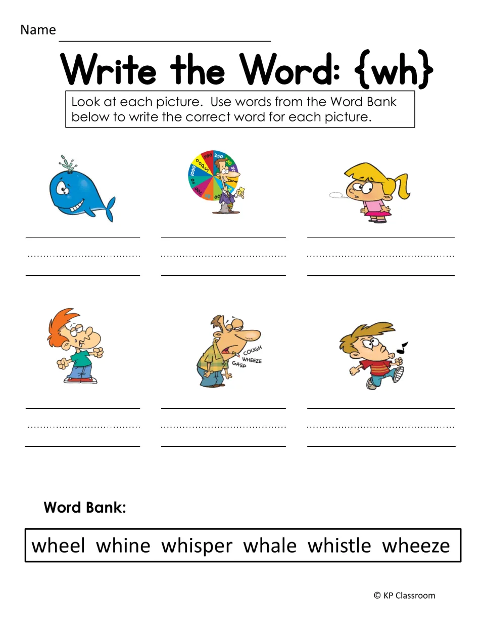 WH picture-labeling practice uses a word bank to name whale, wheel, whisper, whine, wheeze, and whistle