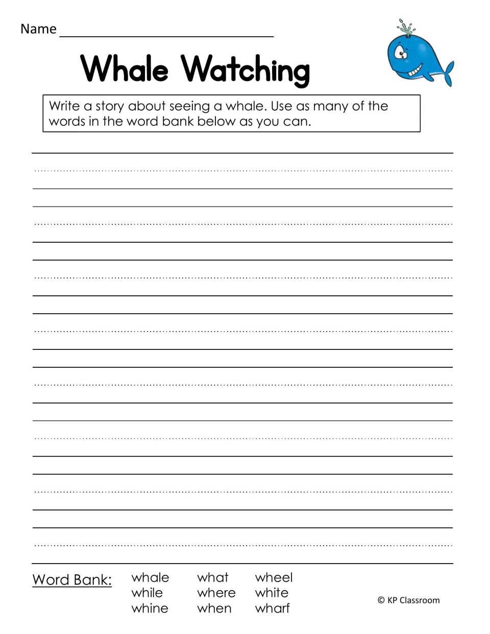 Whale Watching story prompt asks students to write about seeing a whale using words from a nine-word bank