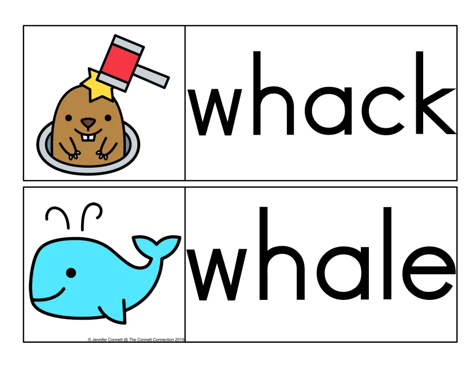 WH digraph picture-word cards: whack shown with a mallet hitting a mole and whale shown with a smiling blue whale