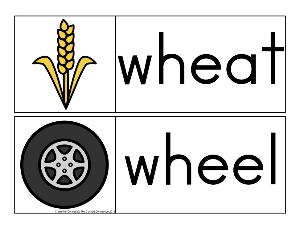 WH words wheat and wheel in large black print, each paired with a picture: a golden wheat stalk and a car tire