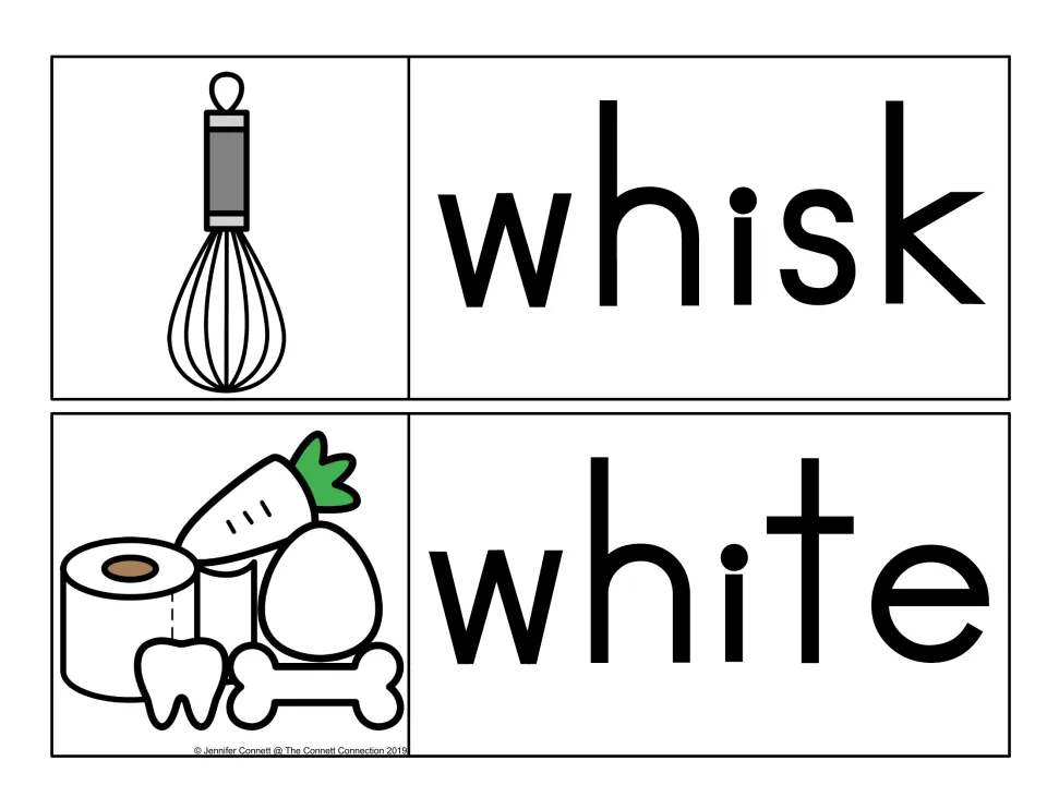 Whisk and white vocabulary cards: a kitchen whisk, then white items such as an egg, tooth, bone and toilet roll