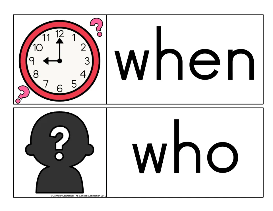 Question words when and who: a red clock with question marks for when and a dark silhouette with a question mark for who